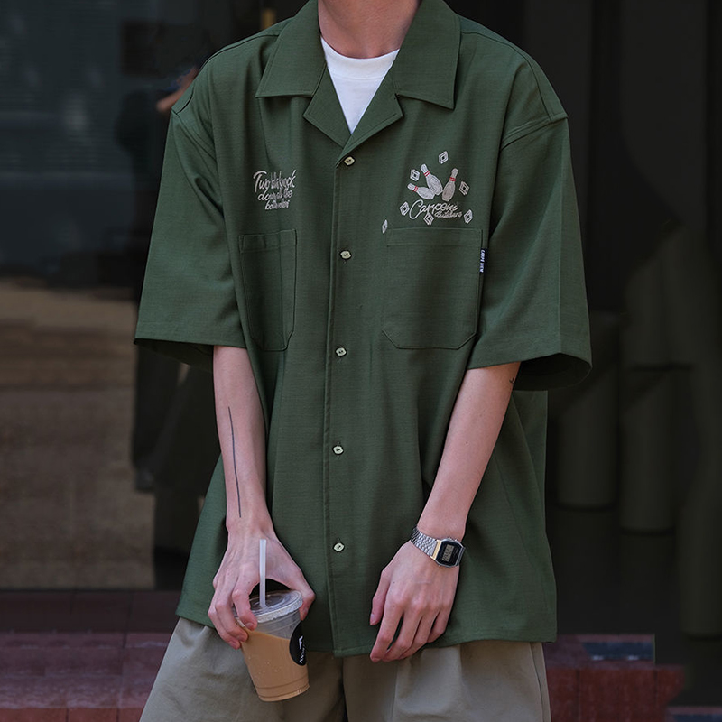 Short Sleeve Bowling Shirt Retro - 볼링 자수 녹색 툴링 레트로 쿠바