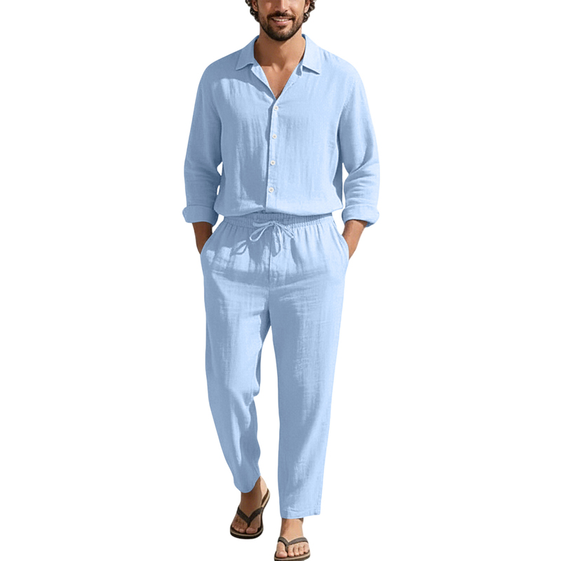 Mens Linen Shirt Long Sleeve - 봄 여름 린넨 캐주얼 세트 루즈핏
