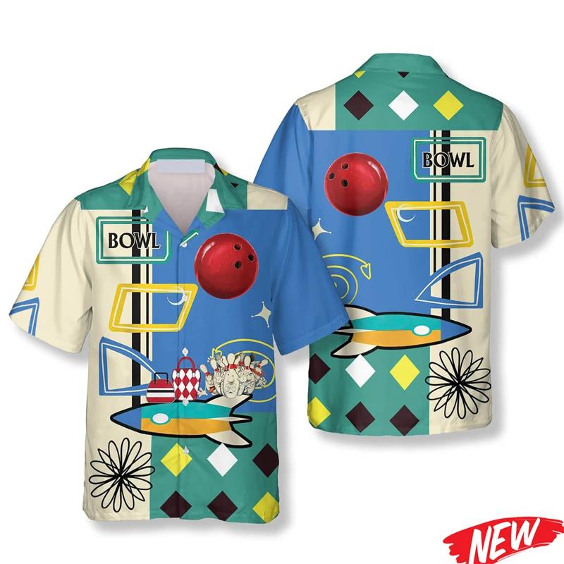 클래식 볼링 패턴 남성용 하와이안 셔츠 여름 스트리트  - Short Sleeve Bowling Shirt Retro 리뷰 및 가격