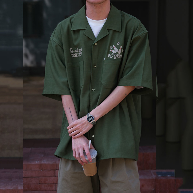 볼링 자수 녹색 툴링 레트로 쿠바 칼라 반팔 셔츠, 남 - Short Sleeve Bowling Shirt Retro 리뷰 및 가격
